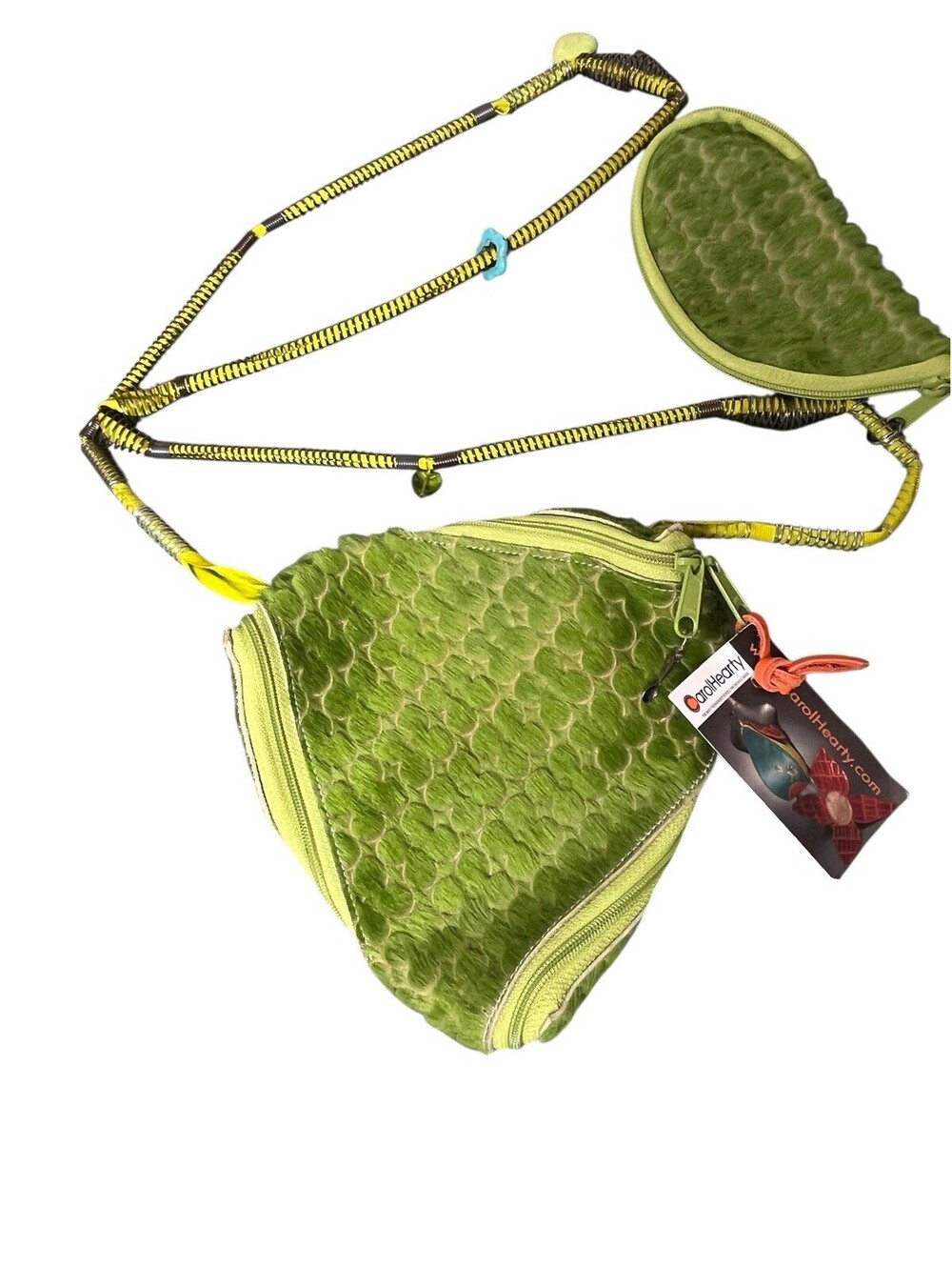Vntg NWT Carol Hearty Lime Green Hair Triangle crossbody bag & Pouch Art Metal